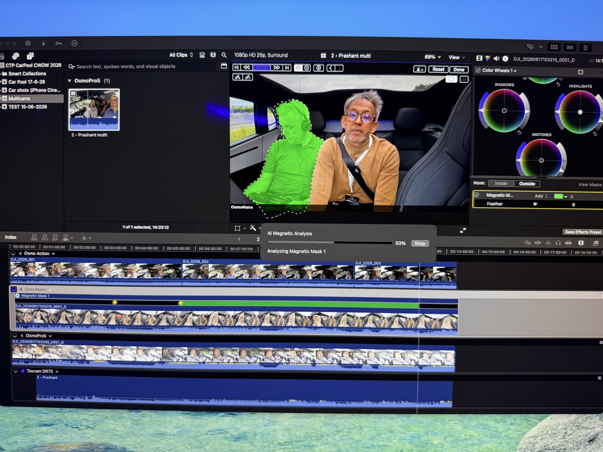 A multicam edit in Final Cut Pro, with a masking tool isolating one person in the shot