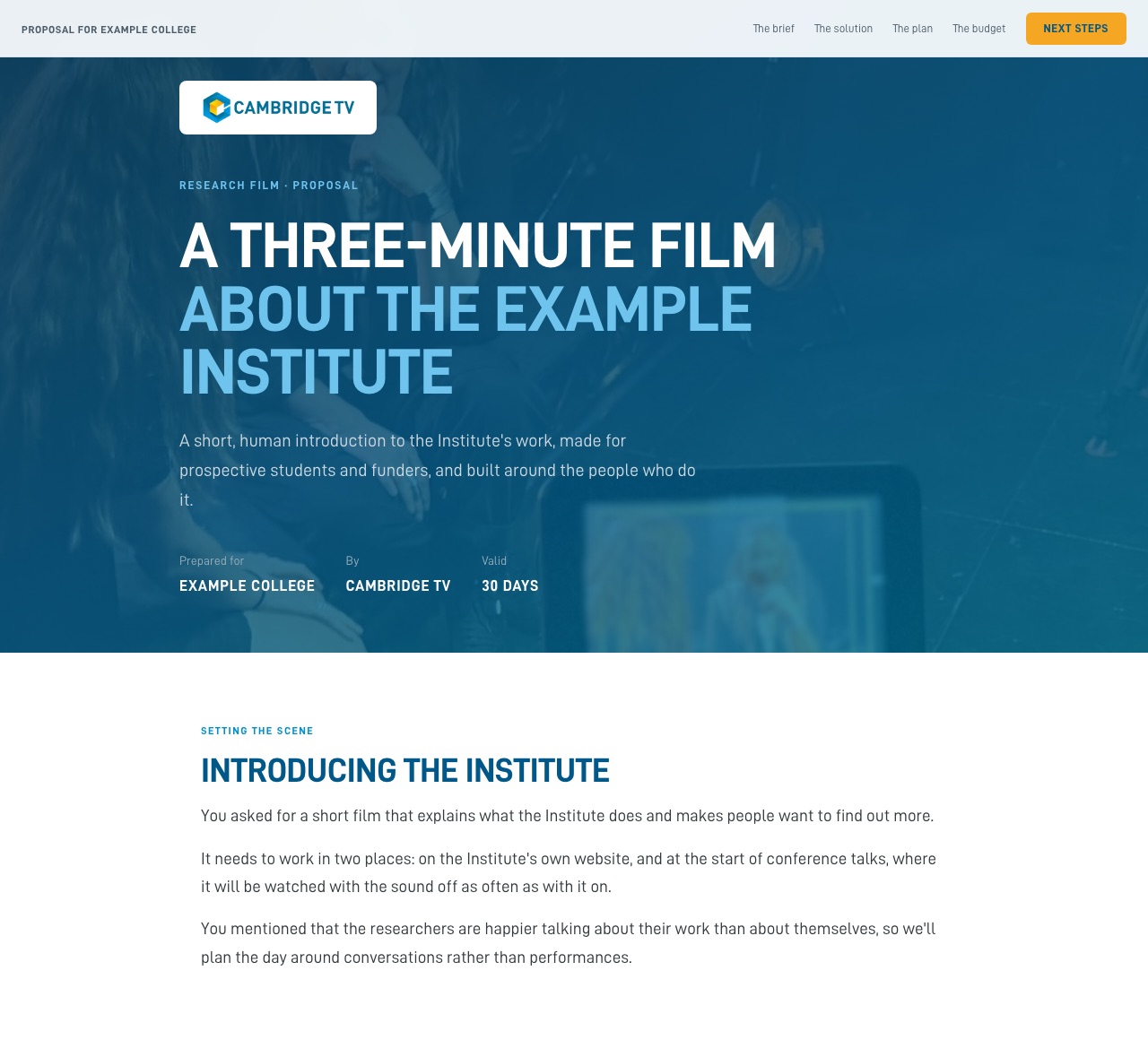 An example proposal, with the cover, the brief, the approach and three budget options